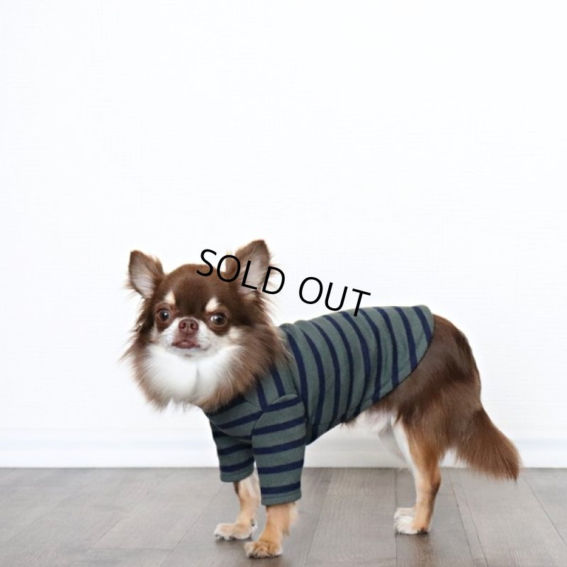 画像3: ボーダーハイネックカットソー(グレイッシュカーキxネイビー) (3)